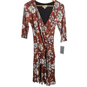 SIGNATURE By ROBBIE‎ BEE Rust White Floral Aline Dress Petite Medium NWT